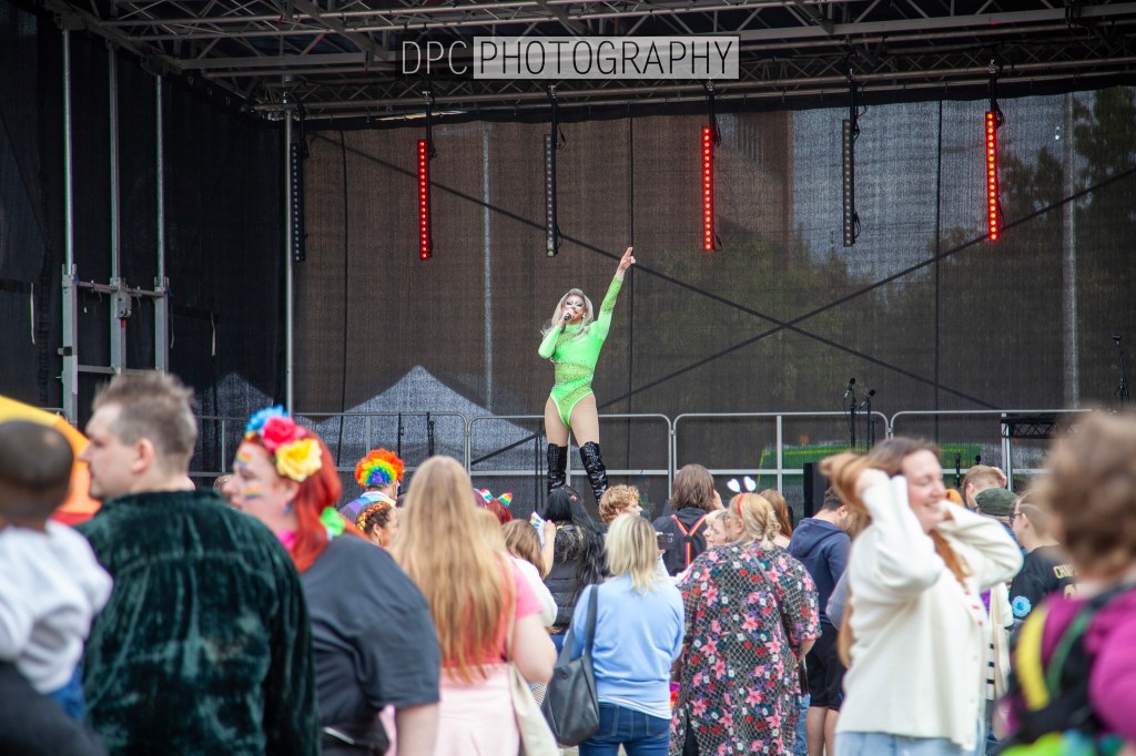 A performer in a bright green outfit and high boots stands on stage with one arm raised, entertaining a lively crowd at an outdoor event. Various attendees, including children and adults, are gathered in front of the stage, some wearing colorful accessories.