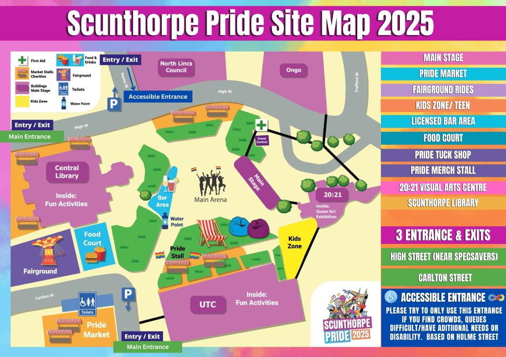 Map of Scunthorpe Pride 2025, showing event layout including entrances, accessible facilities, and activity zones.